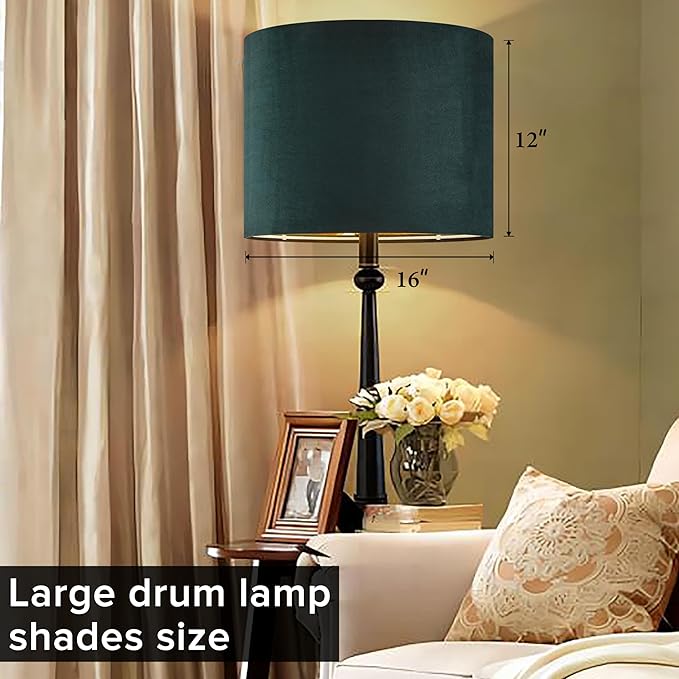 Green Velvet Lampshades Set of 1 Large Drum Lamp Shade 16" Top x 16" Bottom x - Image 4