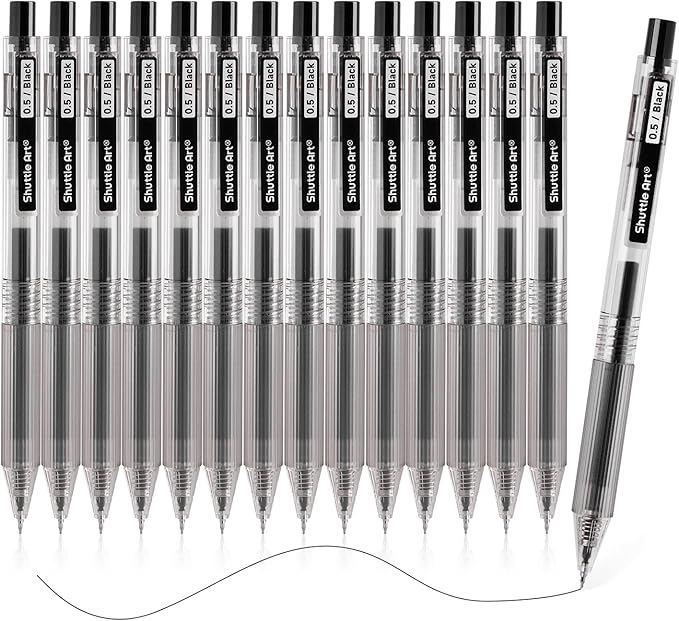 Shuttle Art Black Gel Pens, Ink Glide Series 15 Pack Retractable 0.5mm Fine by ShuttleArt