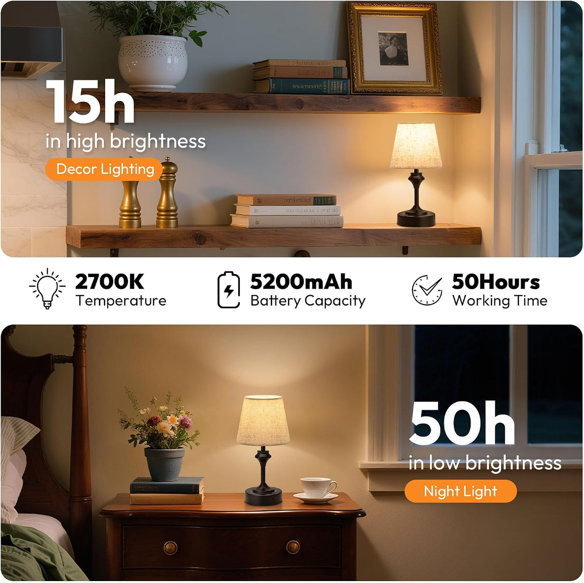NIORSUN Portables Cordless Table Lamp, 10.2" Battery Operated Lamp, Beds...