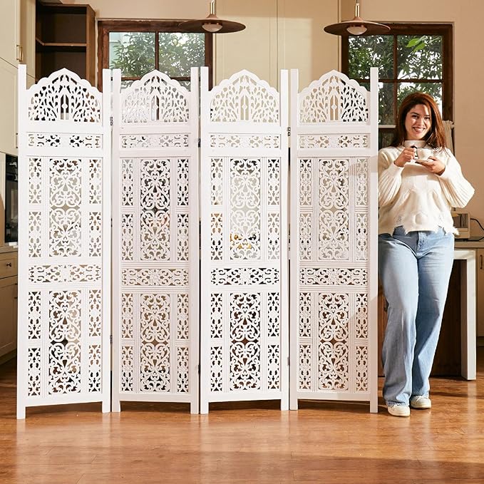 5.75Ft Room Divider Wood Screen, 33Lbs Durable Antiqued Style MDF Carved - Image 2