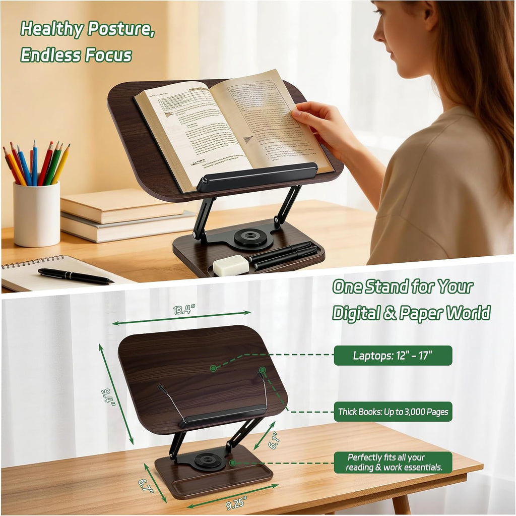 Book Stand for Reading, 360° Rotating Book Holder for Desk, Heavy Duty Bible Stand with Page Clips, Adjustable Height for Thick Textbooks, Cookbooks, Music Book