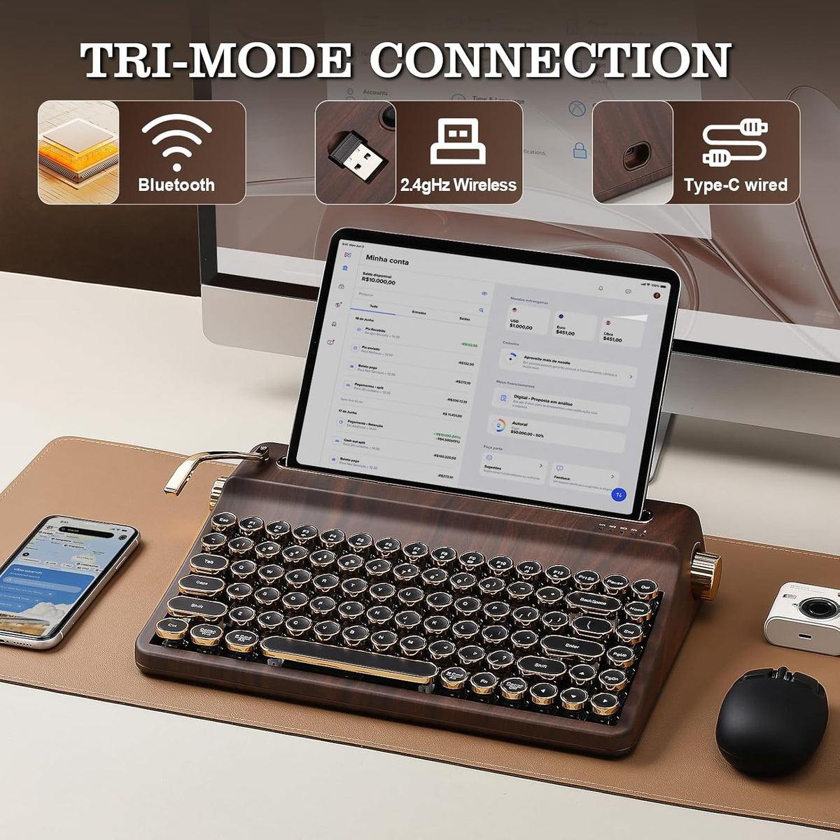YUNZII QL75 Retro Typewriter Hot Swap RGB Keyboard (Wood, Onyx Switch)