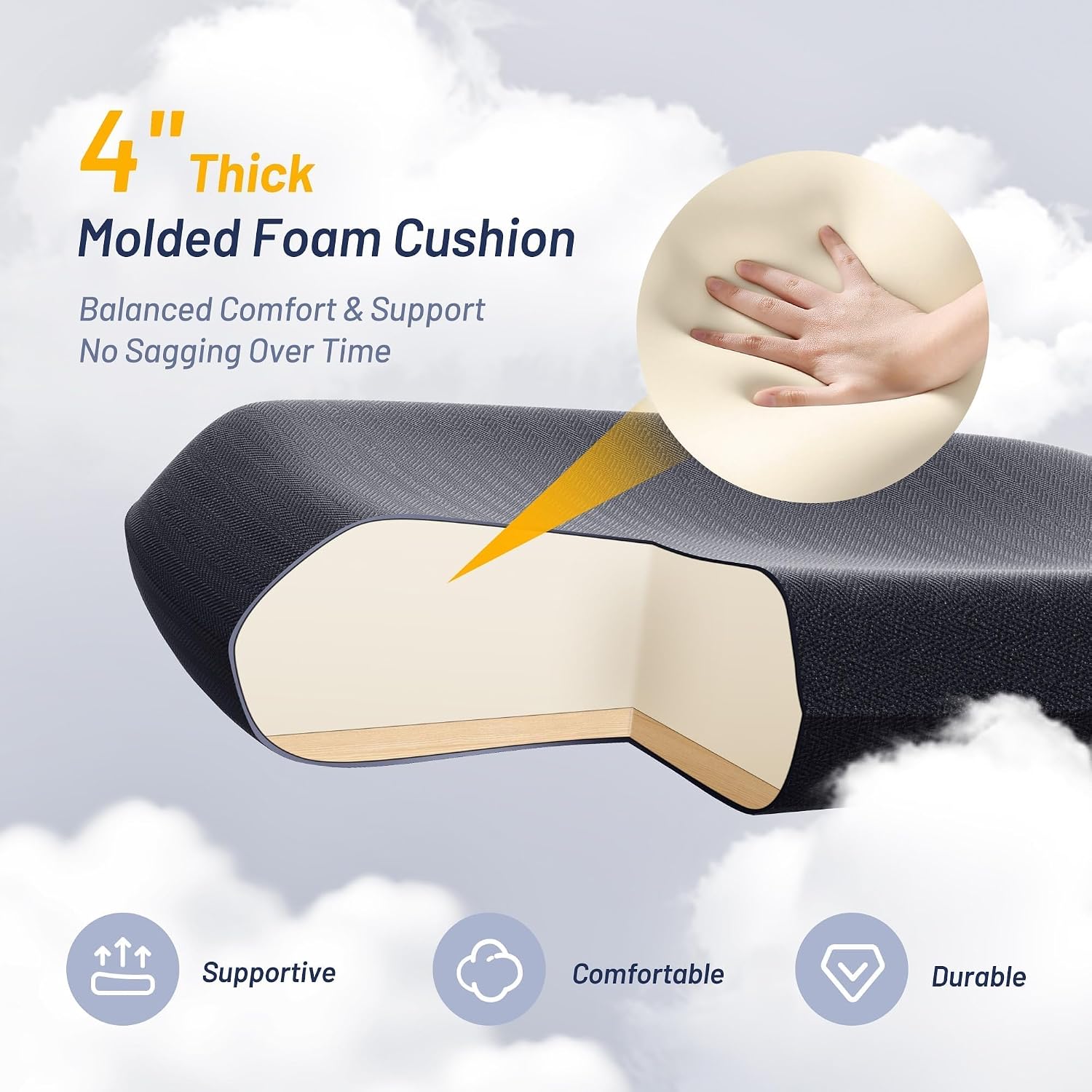 Office Desk Chair for Long Hours & Lower Back Pain Relief – 4“ Thick Molded Foam Cushion, Enhanced Lumbar Support, Padded Flip-up Armrests, Ideal for Office or Study, Black