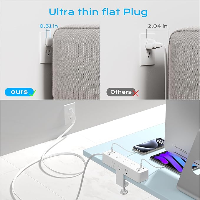 Flat Plug Desk Clamp Power Strip 10FT, 24W Total Charging Station, Desk Edge - Image 4