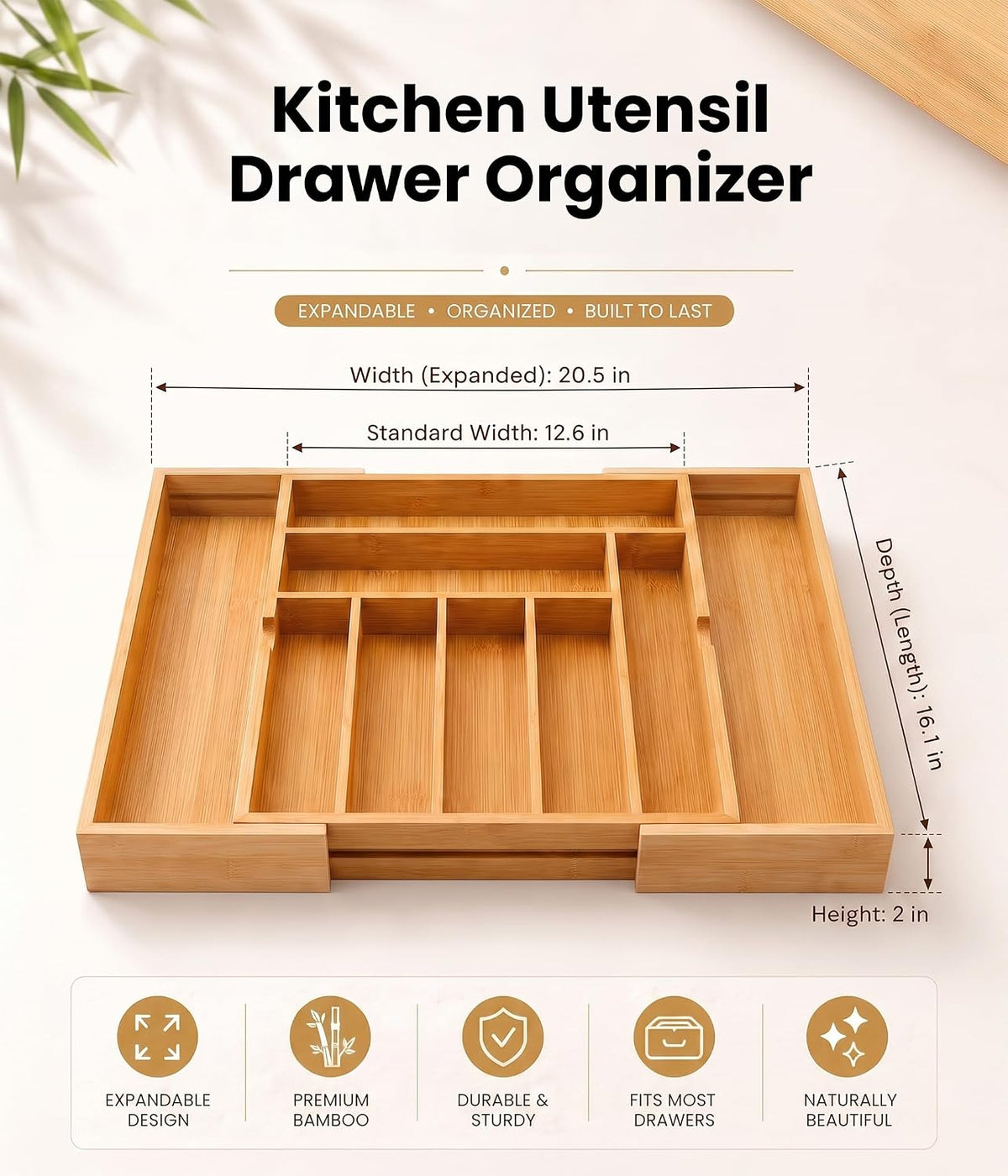 Expandable Bamboo Silverware Organizer, Kitchen Utensil Drawer Organizer