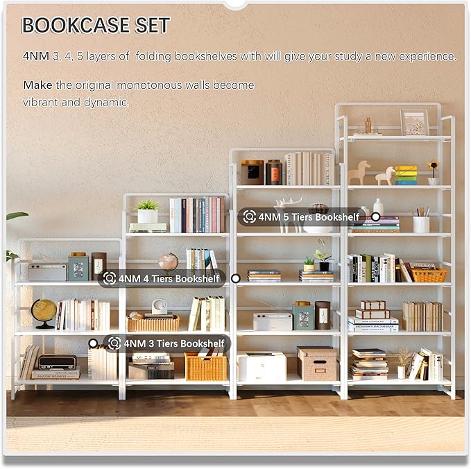 4NM No Assembly 6 Tiers Folding Bookshelf Storage Shelves Vintage Bookcase - Image 5