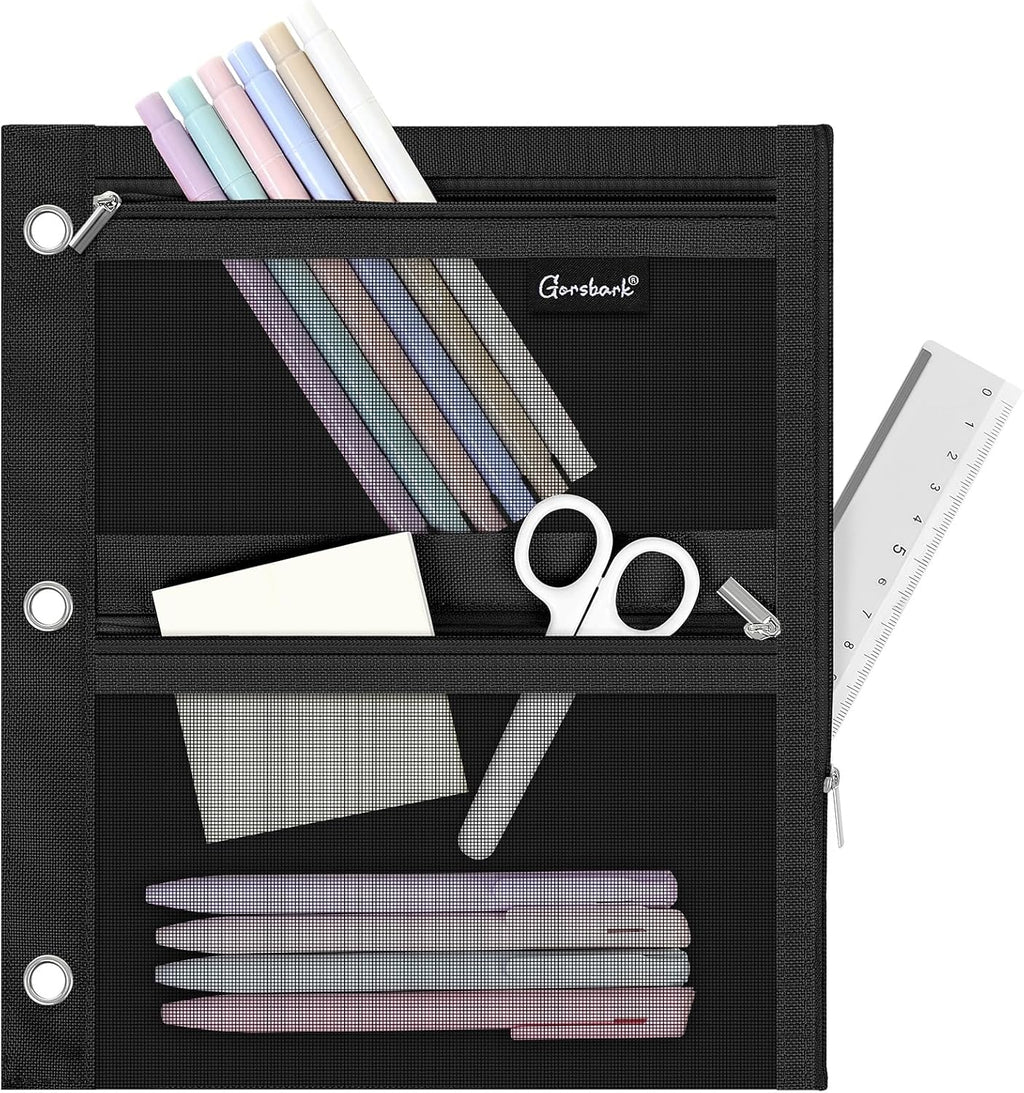 3-Ring Binder Pencil Pouch, Zipper Organizer with 3 Compartments, Mesh Window & Metal Grommets, Durable Oxford Pen Case for School Office Supplies Black