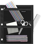 3-Ring Binder Pencil Pouch, Zipper Organizer with 3 Compartments, Mesh Window & Metal Grommets, Durable Oxford Pen Case for School Office Supplies Black