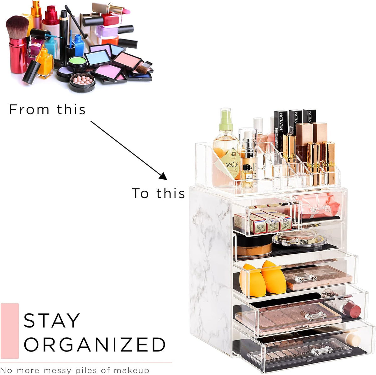 Sorbus Makeup Organizer, 6-Drawer Acrylic 2-Piece Set (Marble Print)