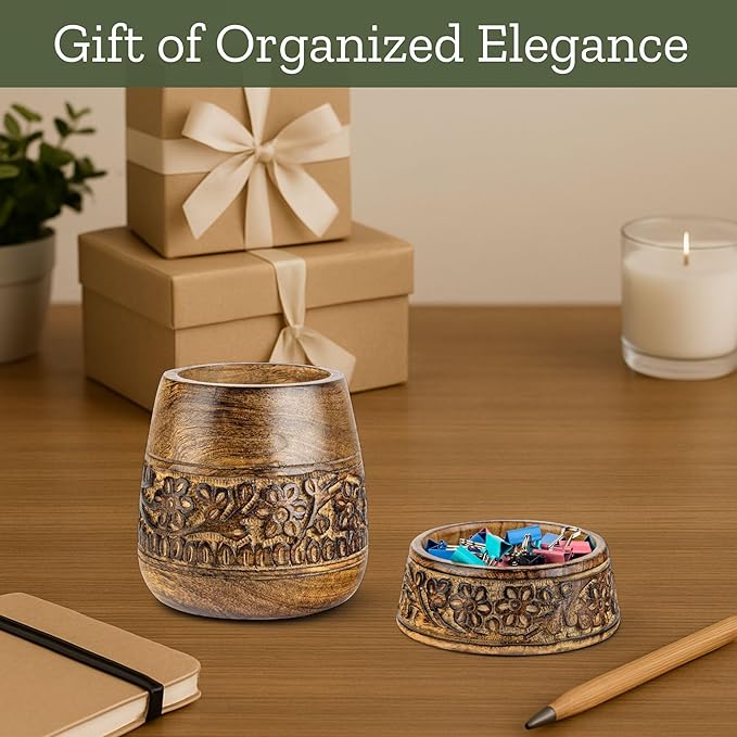 Mie Creations Wooden Desk Organizer Set of 2 Pen Holder, Paper Clip Storage - Image 5