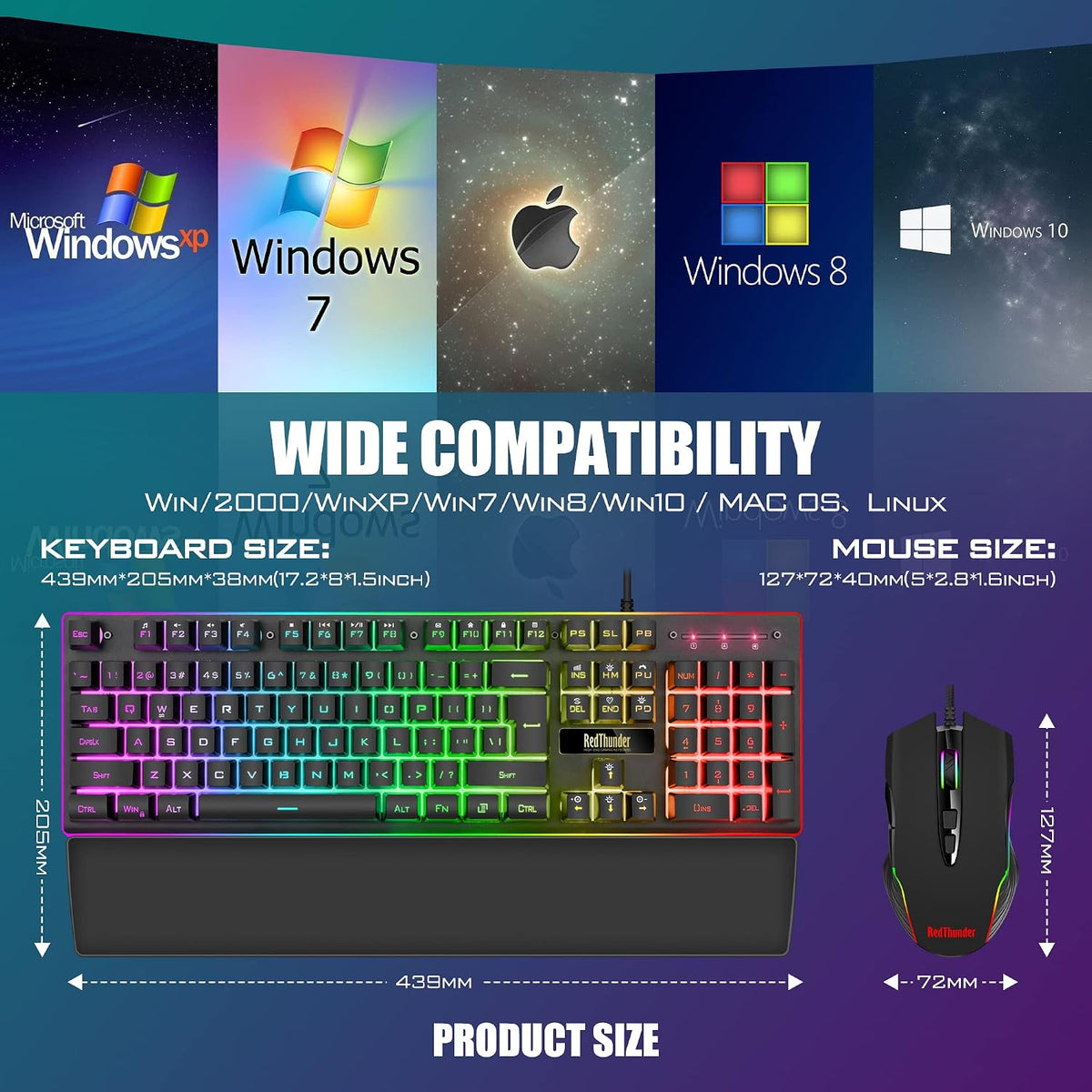 RedThunder K10 Wired Gaming Keyboard and Mouse and Wrist Rest Combo, RGB Back...