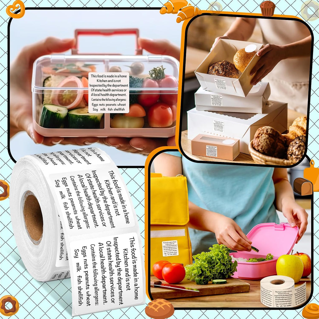 500 White 1.5" Cottage Food Allergy Warning Homemade Stickers | Square Bakery Labels For Baked Goods, Thermal Made In A Home Kitchen Sticker, Sourdough Bread Cookie Ingredient Sticker