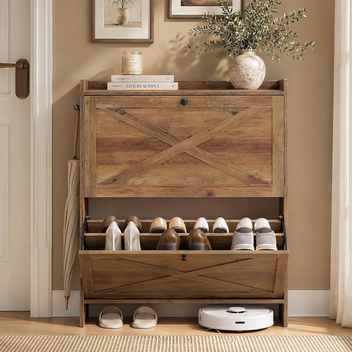 VASAGLE Narrow Shoe Storage Cabinet Organizer with 2 Flip Drawers
