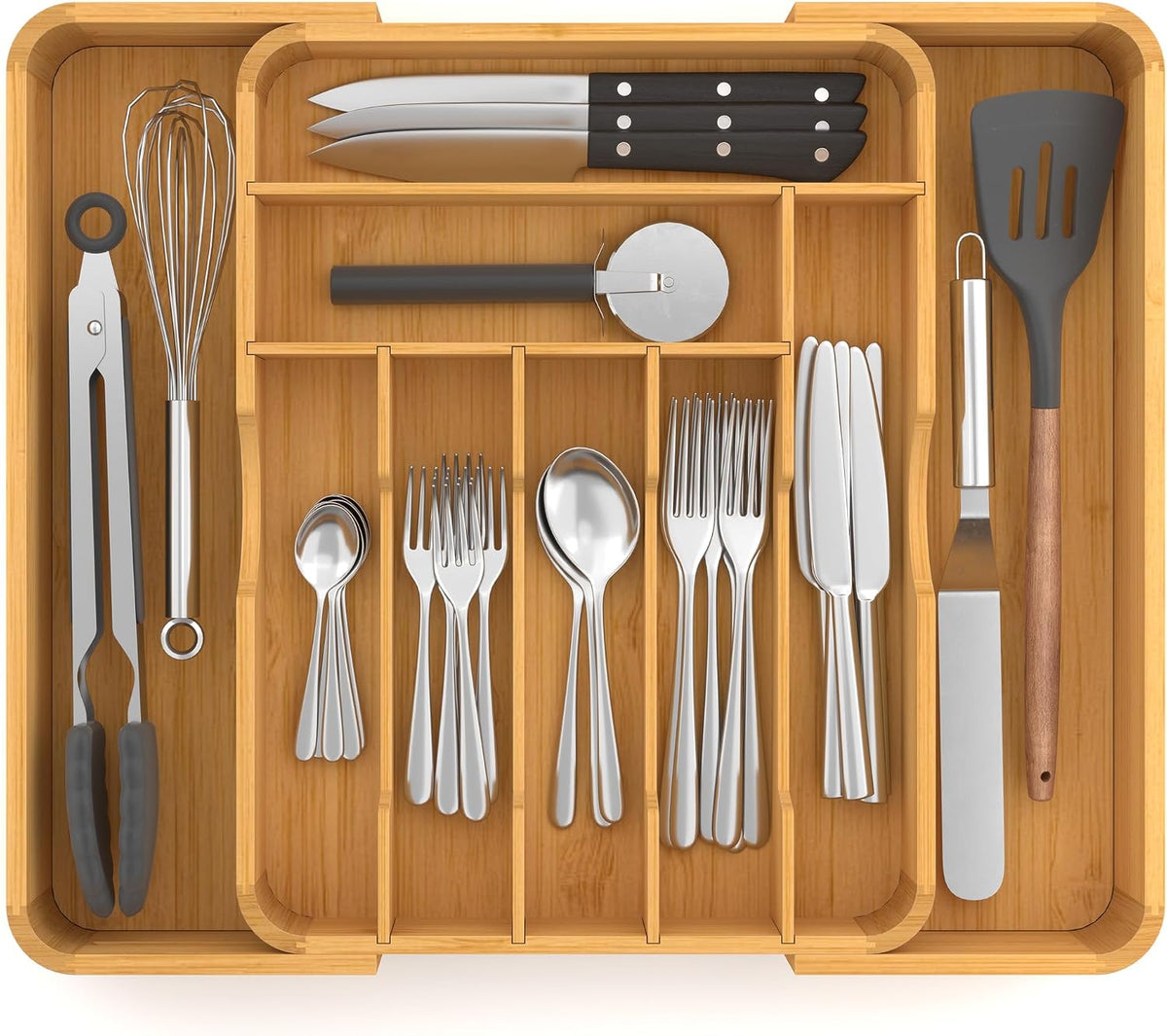 Suli Extra Large Silverware Drawer Organizer,Expand 12.6in to 19.7in,Bamboo