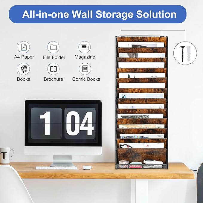 Solinxe 12-Tier Wall File Organizer, Wood Mail Organizer Wall Mounted Paper - Image 2