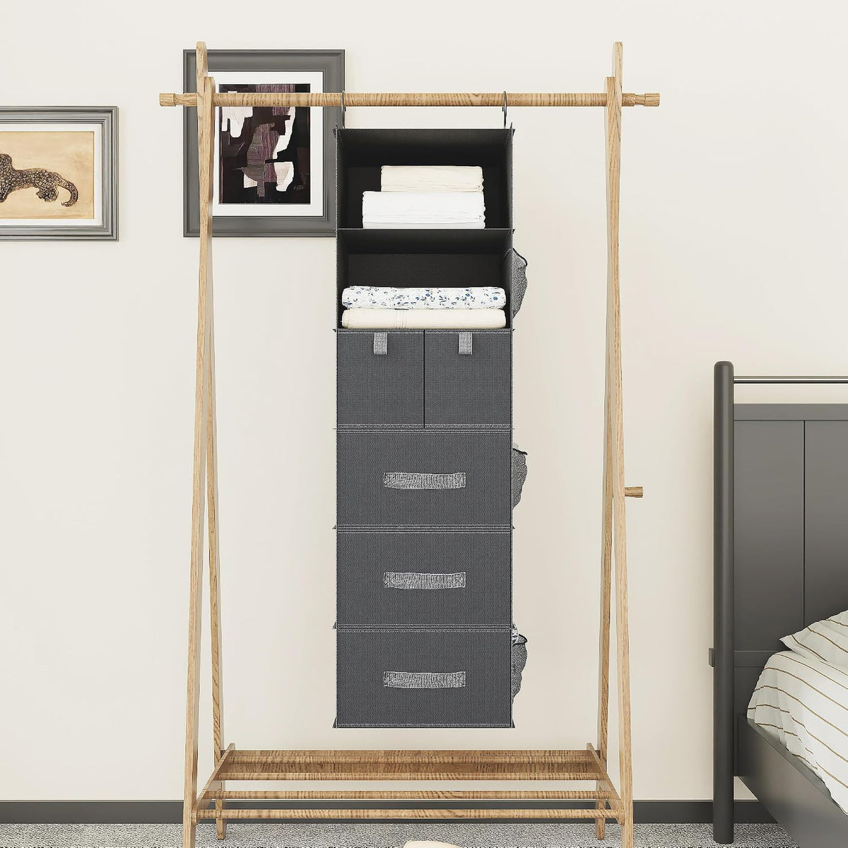 6-Shelf Hanging Closet Organizer with 5 Drawers, Non-Woven, Dark Gray