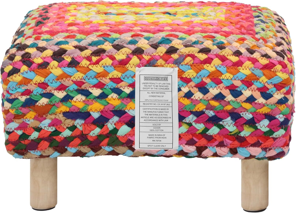 COTTON CRAFT Multi Chindi Footrest - Braided Cotton Rag Rug Foot Stool