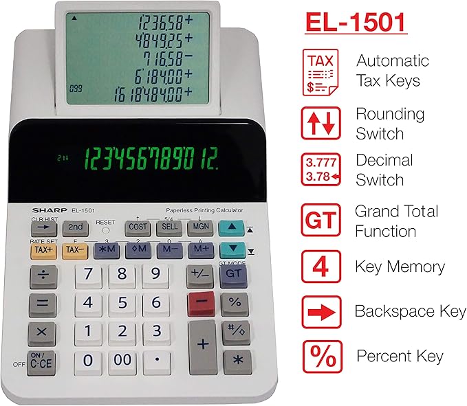 Sharp El-1501 Compact Cordless Paperless Large 12-Digit Display Desktop - Image 3