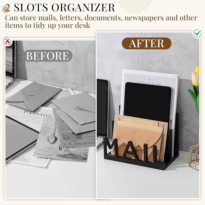 Vercraft 2 Slot Mail Organizer Holder Countertop Wooden Mail Black Letter Holder - Image 4