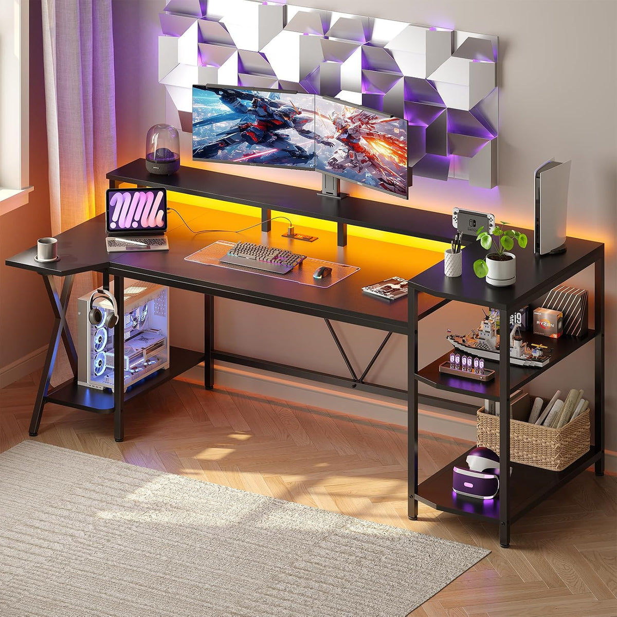 SEDETA Gaming Desk 70.8'' with LED Lights, Storage Shelves,Power Outlets