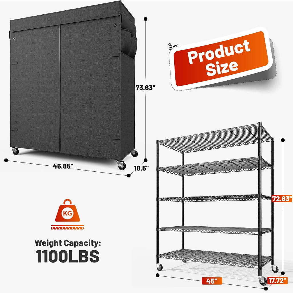 reibii 45"w 5-tier storage shelves with cover &, close-up detail