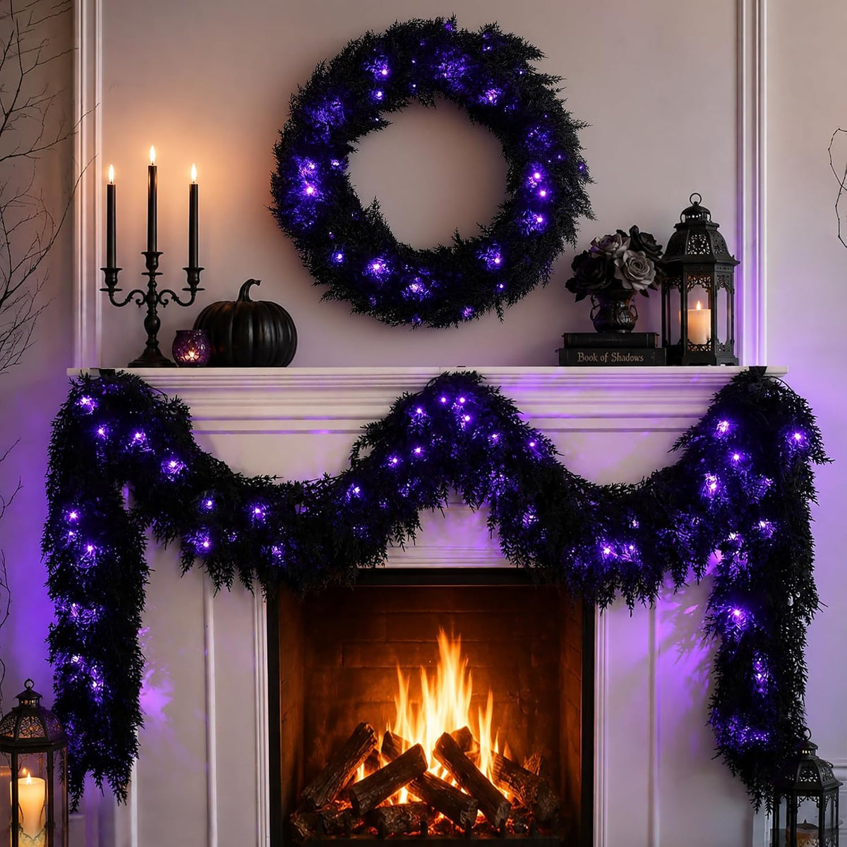 9FT Black Halloween Garland with Lights Realistic Prelit Christmas Garland