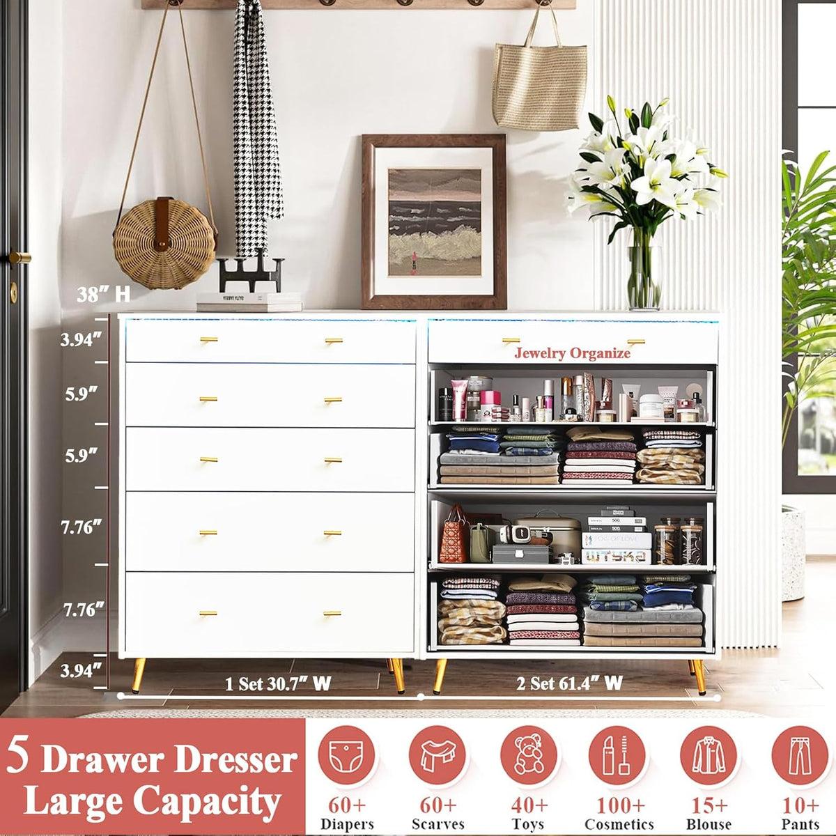 Drawer Dresser with Glass Top and LED Lights, White