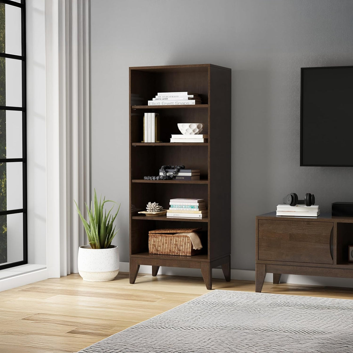 SIMPLIHOME Harper 66" Tall Solid Wood 5-Shelf Bookcase in Walnut Brown