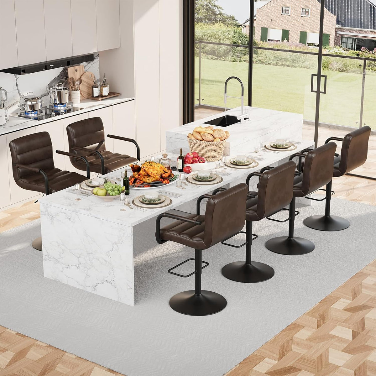 Adjustable PU Leather Swivel Bar Stools Set of 6 with Armrests