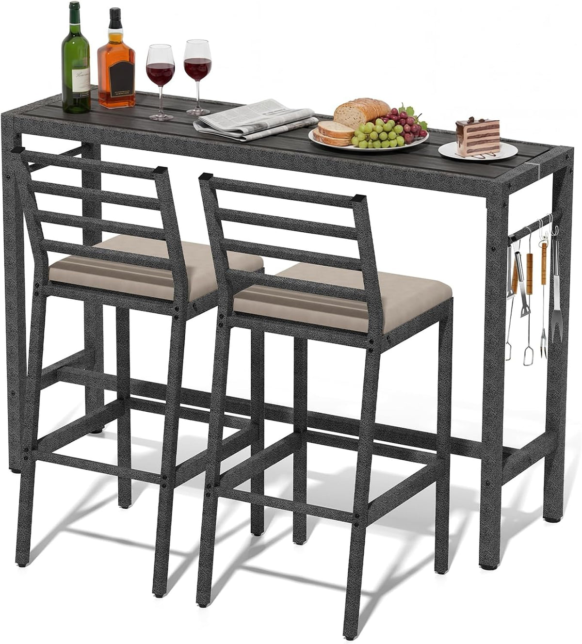 3Pcs Outdoor Patio Bar Set, 55" Rectangular High Top Table & Chair Set