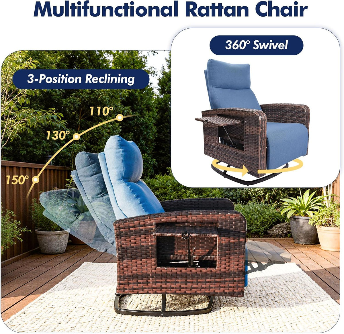 ZZW Outdoor Recliner Chair Set of 2, Wicker Patio Recliners with Adjustable B...