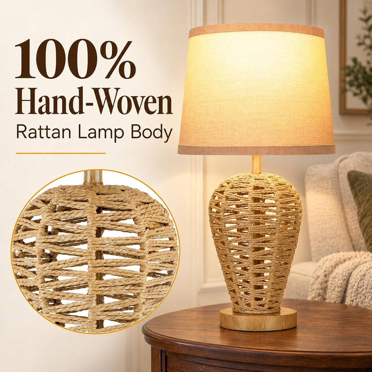 19" Boho Table Lamp with 100% Hand Woven Rattan Body & Wood Grain Fi...
