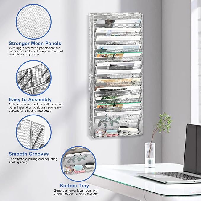 EasyPAG Wall File Holder 14 Tier Mesh Hanging Folder Organizer - Image 2