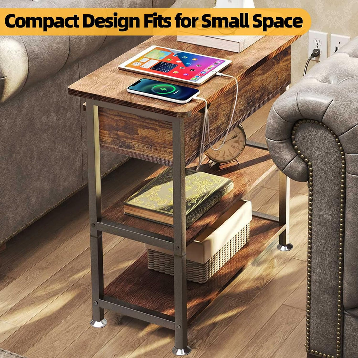 Flip Top End Table with Hidden Charging Station, 12" D x 21" W x 26...