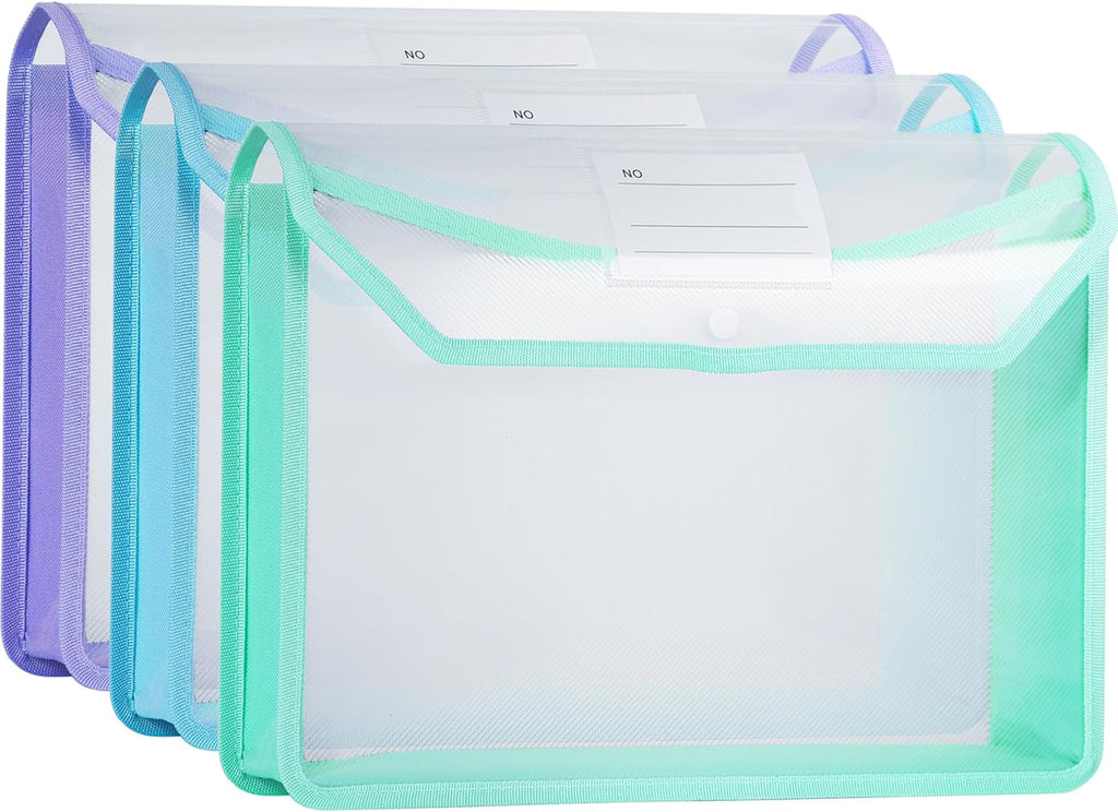 Plastic Expanding File Folder, Clear Envelopes Fit Letter & A4 Size, Folders for Documents with Snap Closure, No Dividers, Large Capacity (3, Cool Colors)