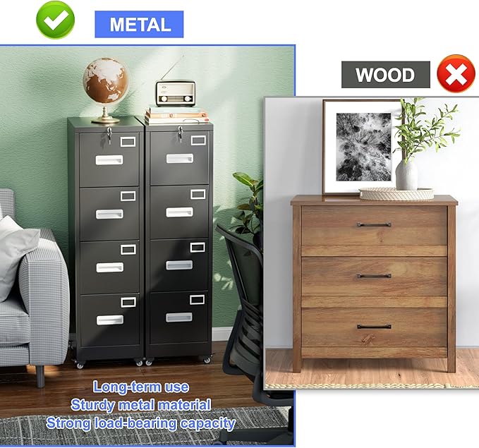 METAN 4 Drawer File Cabinet on Wheels, Lockable Metal Filing Cabinet - Image 9