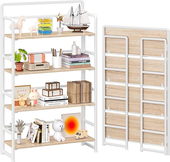 4NM No Assembly Extra Wide 4 Tiers Folding Bookshelf Storage Shelves Vintage by 4NM
