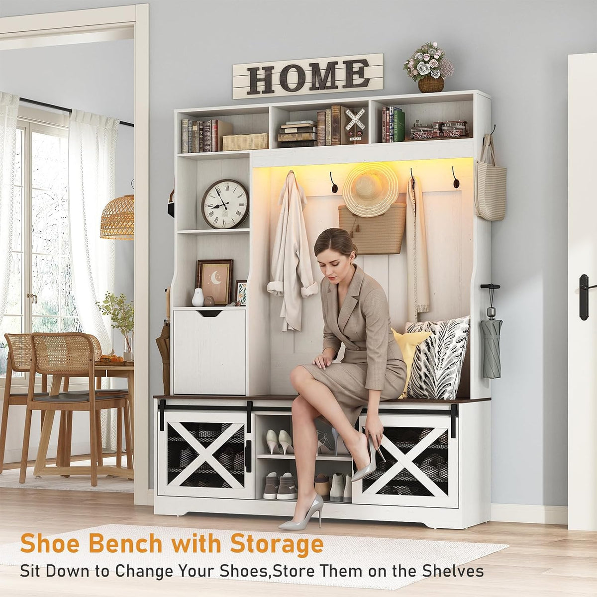 75''H 59''W Large LED Farmhouse Hall Tree with Bench and Shoe...