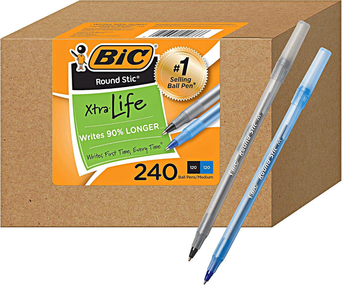 BIC Round Stic Xtra Life Ballpoint Pen, 1mm Medium Point, Pack of 240