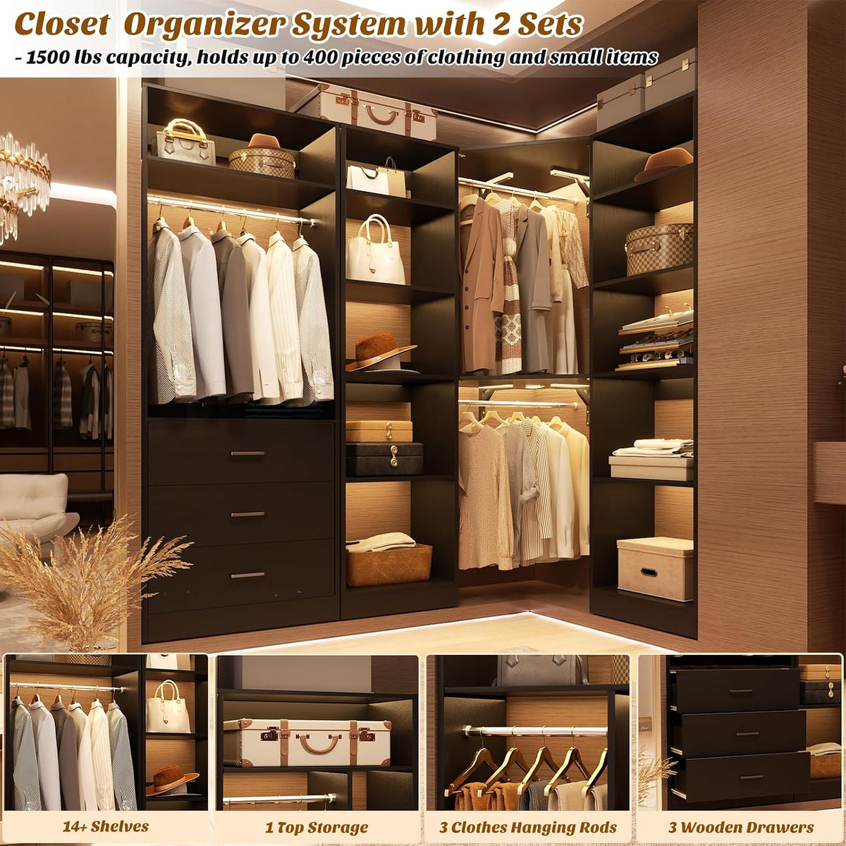 Besiost Corner Closet System with 3 Drawers, Corner Closet Organizer System