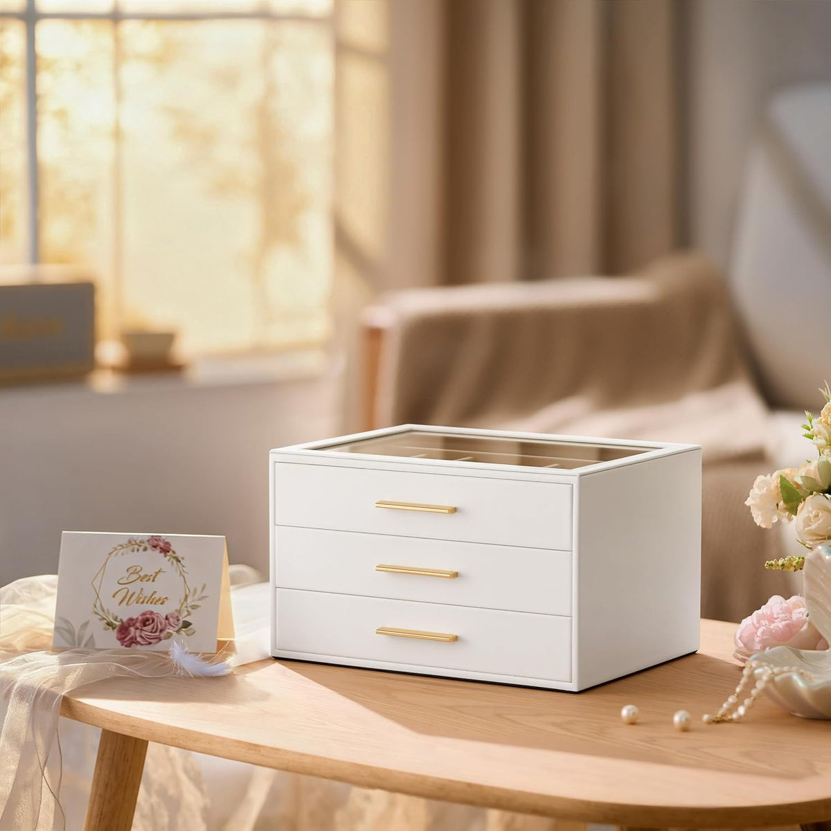 Jewelry Box Organizer Storage Case, 3-Layer with Glass Window, Pure White
