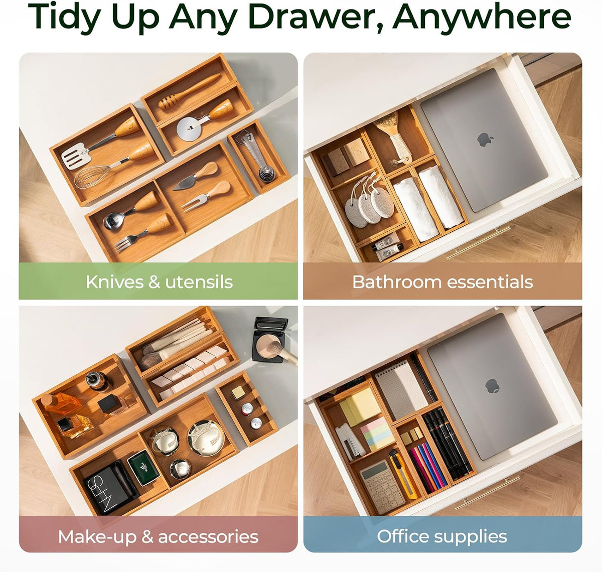 keechee 5-Piece Bamboo Drawer Organizer Set, 2.2" Deep Multi-Use Organiz...
