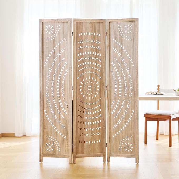66.9Inch Folding Room Divider, 3 Panels Wood Carved Privacy Screens, Free - Image 3