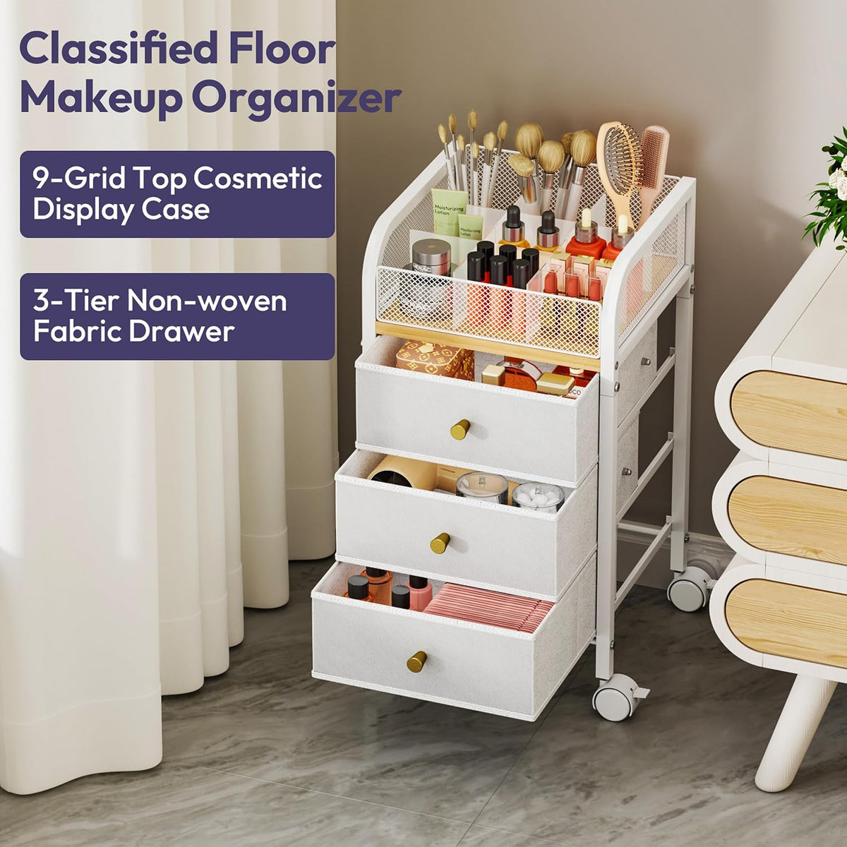 SWTYMIKI Rolling Makeup Organizer Cart - Under Desk Vanity Makeup Storage wit...