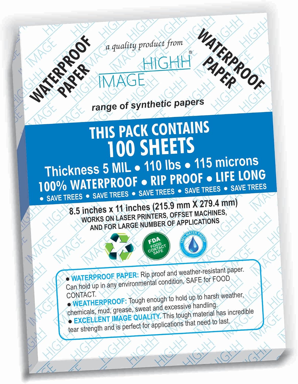 waterproof paper 8.5 x 11, 5mil 110 lb, main product view