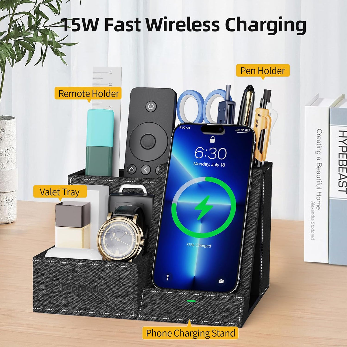 Wireless Charger with Desk Organizer, Multifunctional Desk Pen Holder