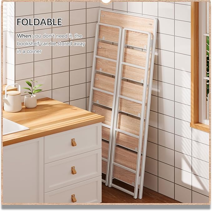 4NM No Assembly 5 Tiers Folding Bookshelf Storage Shelves Vintage Bookcase - Image 4