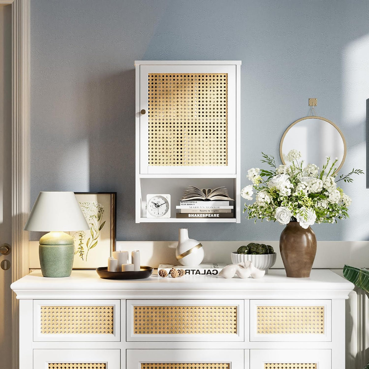 Bathroom Wall Cabinet, Bamboo Over-The-Toilet Storage Organizer with Rattan D...