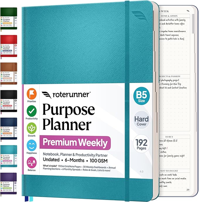 Purpose Planner Notebook B5 Hardcover 7.5”x9.8”- Teal Undated Daily, and by Roterunner