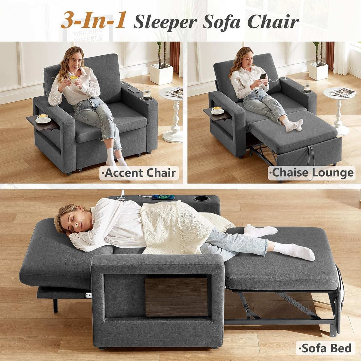 WEUP 42.5" Sleeper Chair Bed, 3-in-1 Convertible Reclining Sofa Chair wi...